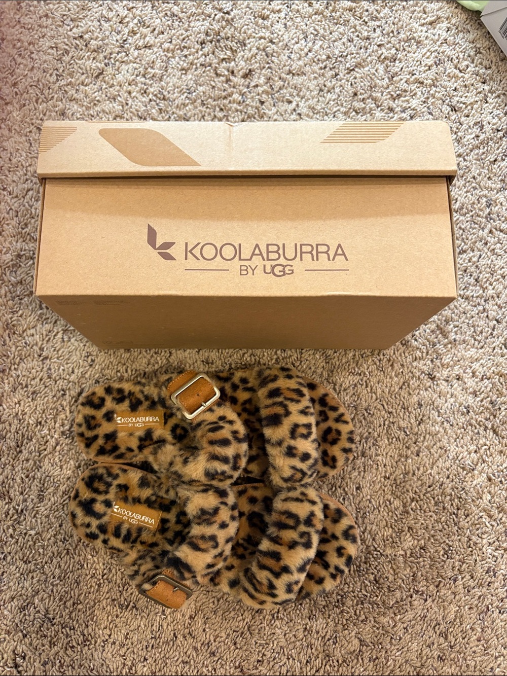 NWOT Koolaburra Leopard Print Fuzzy Slide Sandals - Brown/Black